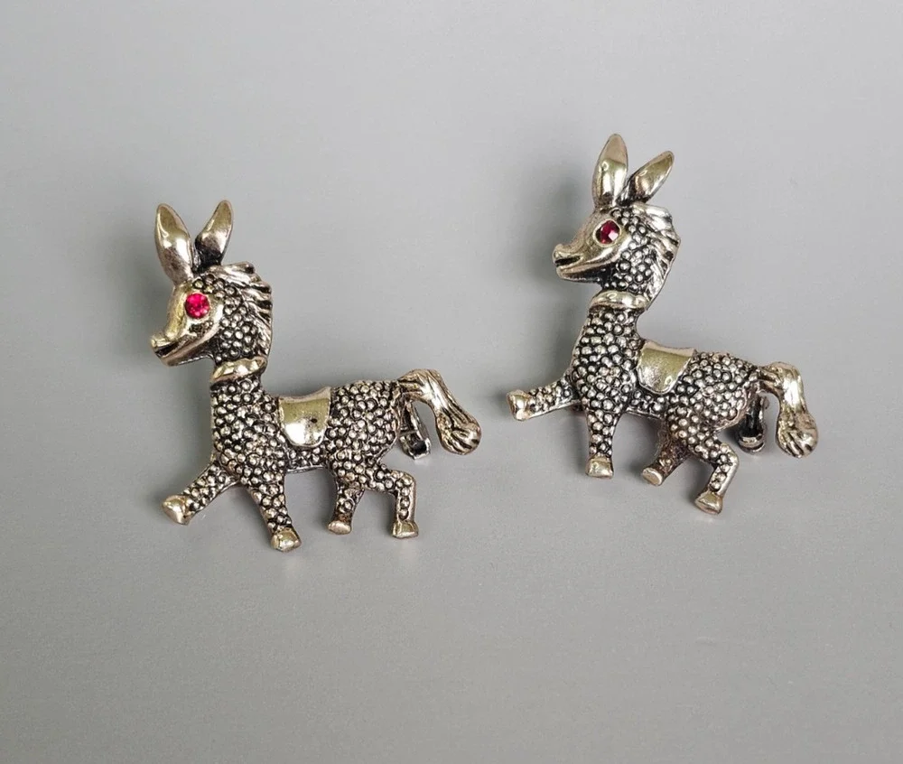 Vintage Donkey Figural Brooch Pin Matched Pair Red Rhinestone Eye MCM Set